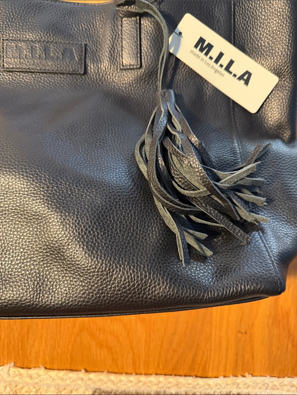 Pebbled Leather Tote in Black with Tassel